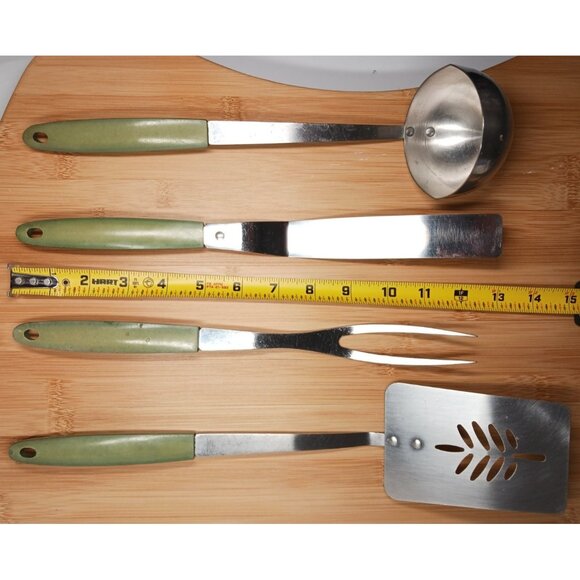 VTG Sears Stainless Avocado Green 4 Piece Kitchen Tool Utensil Set Serving - Picture 13 of 13